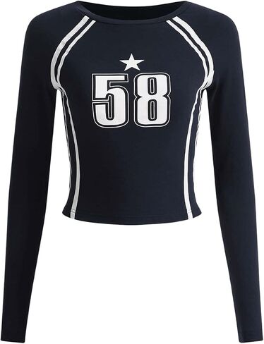 SOLY HUX Women's Long Sleeve Y2K Crop Tops Fitted Graphic Tees Star Number Print Going Out T Shirts Striped Shirt in Kuwait