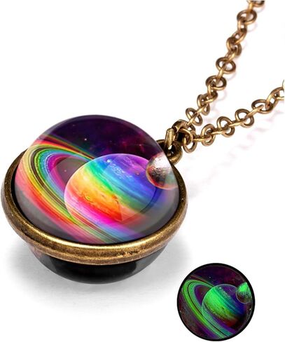 Galaxy Planet Pendant Necklace Glow in Dark Double Side Glass Crystal Ball Moon Earth Astronomy Universe Necklace Luminios Gemstone Necklace for Women Men Friends Gift in Kuwait