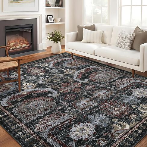 Washable 9x12 Area Rugs, Vintage Large Indoor Rugs for Living Room Bedroom or Dining Room, Ultra-Thin Soft Non-Slip Floor Carpet Foldable, Black/Rust in Kuwait