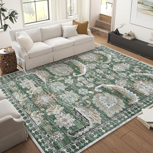 Washable 9x12 Area Rugs, Vintage Large Indoor Rugs for Living Room Bedroom or Dining Room, Ultra-Thin Soft Non-Slip Floor Carpet Foldable, Black/Rust in Kuwait
