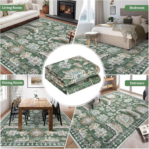 Washable 9x12 Area Rugs, Vintage Large Indoor Rugs for Living Room Bedroom or Dining Room, Ultra-Thin Soft Non-Slip Floor Carpet Foldable, Black/Rust in Kuwait