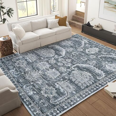 Washable 9x12 Area Rugs, Vintage Large Indoor Rugs for Living Room Bedroom or Dining Room, Ultra-Thin Soft Non-Slip Floor Carpet Foldable, Black/Rust in Kuwait