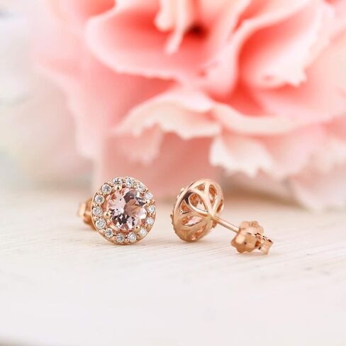 14K Rose Gold Round Morganite & Diamond Ladies Halo Style Stud Earrings in Kuwait