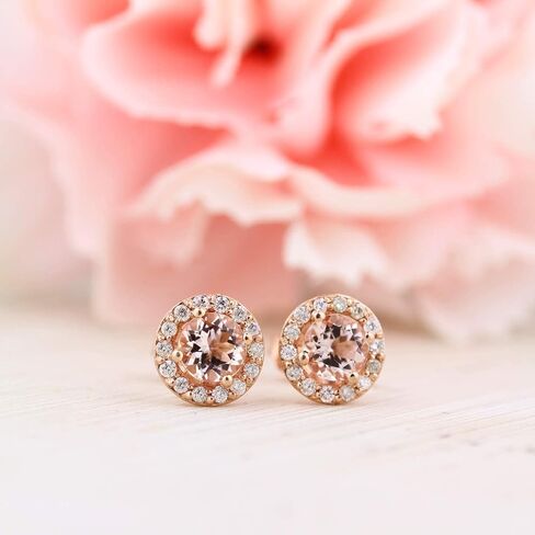 14K Rose Gold Round Morganite & Diamond Ladies Halo Style Stud Earrings in Kuwait