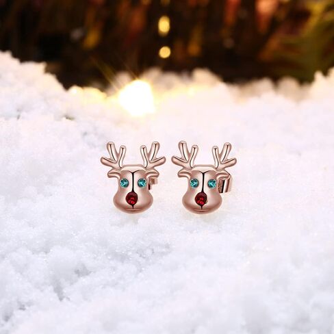 Hypoallergenic Xmas Stud Earrings 14K Gold Rose Gold Cute Small Animal Green Red CZ Reindeer Cartilage Studs Rhinestone Earrings Gifts for Women Christmas Party Holiday in Saudi Arabia