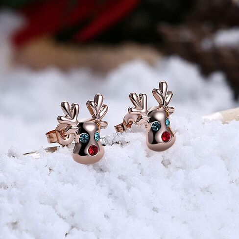 Hypoallergenic Xmas Stud Earrings 14K Gold Rose Gold Cute Small Animal Green Red CZ Reindeer Cartilage Studs Rhinestone Earrings Gifts for Women Christmas Party Holiday in Saudi Arabia