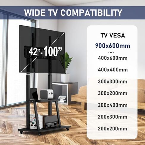 Rolling TV Stand, TV Stand with Wheels for 32-70 inch TV, Hight Adjustable,15° Adjustable Viewing Angle, Portable TV Stand with Shelf, Max 88 LBS, Vesa max 600×400 in Saudi Arabia