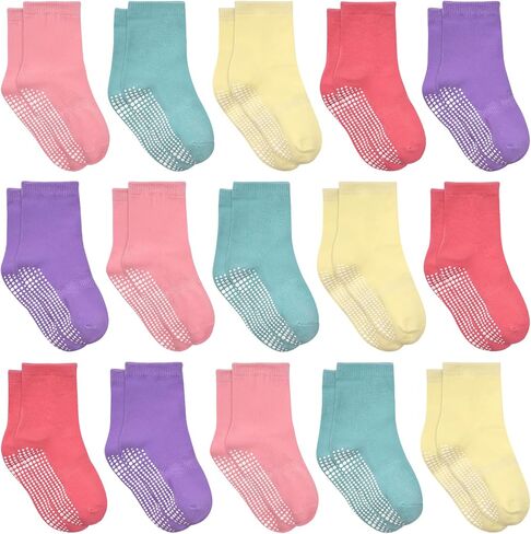 HYCLES 15 Pairs Toddler Girl Socks, Non Slip Crew Toddler Socks with Grippers for Kids Preschool Girls 1-7 Years in Kuwait