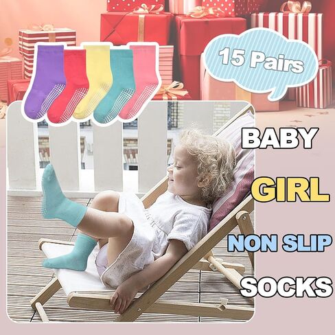 HYCLES 15 Pairs Toddler Girl Socks, Non Slip Crew Toddler Socks with Grippers for Kids Preschool Girls 1-7 Years in Kuwait