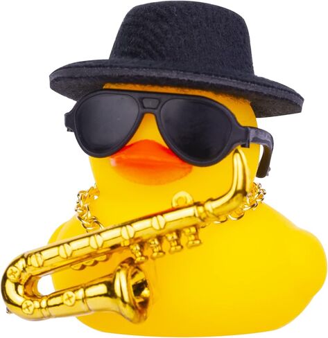 Car Rubber Duck, Yellow Duck Car Dashboard Decorations with Mini Top Hat Musical Instrument Sunglasses Necklace(Black) in Saudi Arabia