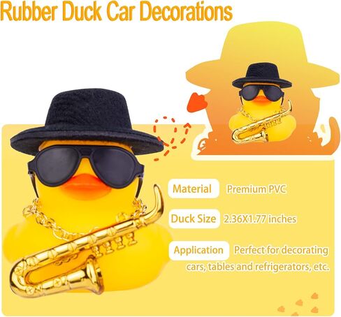 Car Rubber Duck, Yellow Duck Car Dashboard Decorations with Mini Top Hat Musical Instrument Sunglasses Necklace(Black) in Saudi Arabia