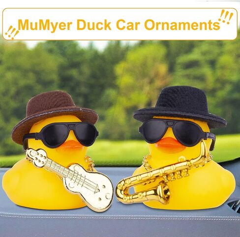 Car Rubber Duck, Yellow Duck Car Dashboard Decorations with Mini Top Hat Musical Instrument Sunglasses Necklace(Black) in Saudi Arabia