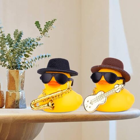Car Rubber Duck, Yellow Duck Car Dashboard Decorations with Mini Top Hat Musical Instrument Sunglasses Necklace(Black) in Saudi Arabia