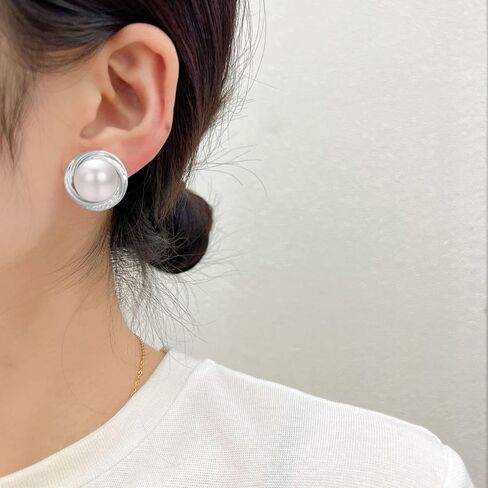 Yoursfs Round White Pearl Stud Earrings for Women Dainty Hypoallergenic Spiral Earrings Cubic Zirconia Jewelry in Saudi Arabia