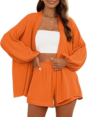Pink Queen Women's 2 Piece Tracksuit Outfit Long Sleeve Belted Kimono Blouse High Waisted Shorts Lounge Sets in Saudi Arabia