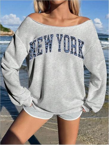 SHENHE Women's Plus Size Off Shoulder Letter Print Sweatshirts Lounge Workout Wear Pullover Tops in Saudi Arabia