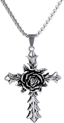 Dreuyet Rose Cross Necklace for Men Women Gothic Cross Necklace Hip Hop Stainless Steel Rose Cross Necklace Goth Cross Necklaces Religious Cross Necklace Halloween Necklace in Kuwait