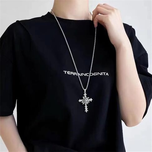 Dreuyet Rose Cross Necklace for Men Women Gothic Cross Necklace Hip Hop Stainless Steel Rose Cross Necklace Goth Cross Necklaces Religious Cross Necklace Halloween Necklace in Kuwait