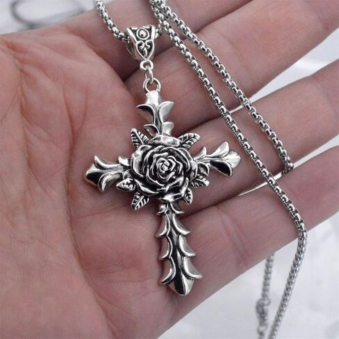 Dreuyet Rose Cross Necklace for Men Women Gothic Cross Necklace Hip Hop Stainless Steel Rose Cross Necklace Goth Cross Necklaces Religious Cross Necklace Halloween Necklace in Kuwait