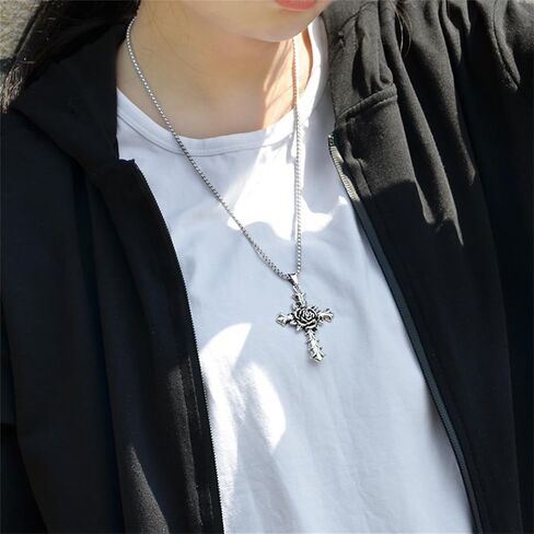 Dreuyet Rose Cross Necklace for Men Women Gothic Cross Necklace Hip Hop Stainless Steel Rose Cross Necklace Goth Cross Necklaces Religious Cross Necklace Halloween Necklace in Kuwait