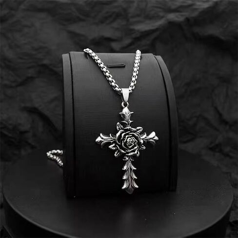 Dreuyet Rose Cross Necklace for Men Women Gothic Cross Necklace Hip Hop Stainless Steel Rose Cross Necklace Goth Cross Necklaces Religious Cross Necklace Halloween Necklace in Kuwait