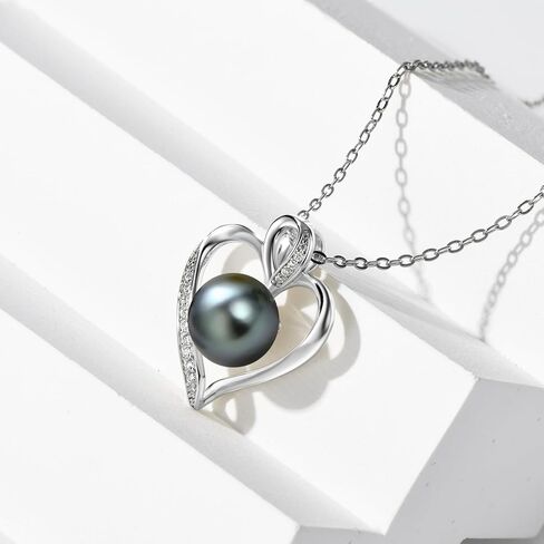 قلادة على شكل قلب من اللؤلؤ الأسود التاهيتي للنساء، قلادة من الفضة الإسترلينية مع مويسانيتي D اللون، هدية للزوجة والأم مجوهرات الذكرى السنوية لعيد ميلادها in Kuwait