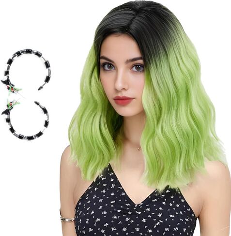 Aicos Short Green Ombre Black Curly Wig for Kids Green Bob Wig with Ghost Claw Hairpin for Halloween Cosplay Costume Wig in Kuwait