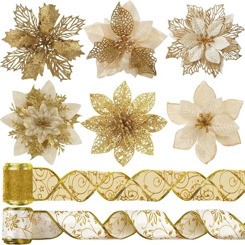 مجموعة زينة عيد الميلاد الذهبية 26 قطعة من Ouddy Decor، 6 أنماط من زهور البونسيتة الاصطناعية لعيد الميلاد مع 16 ياردة شريط شجرة عيد الميلاد للعطلات والحرف اليدوية في الأماكن المغلقة والخارجية ديكور المنزل in Kuwait