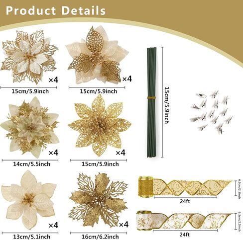 مجموعة زينة عيد الميلاد الذهبية 26 قطعة من Ouddy Decor، 6 أنماط من زهور البونسيتة الاصطناعية لعيد الميلاد مع 16 ياردة شريط شجرة عيد الميلاد للعطلات والحرف اليدوية في الأماكن المغلقة والخارجية ديكور المنزل in Kuwait
