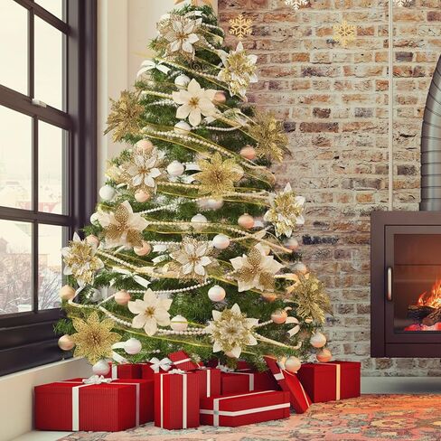 مجموعة زينة عيد الميلاد الذهبية 26 قطعة من Ouddy Decor، 6 أنماط من زهور البونسيتة الاصطناعية لعيد الميلاد مع 16 ياردة شريط شجرة عيد الميلاد للعطلات والحرف اليدوية في الأماكن المغلقة والخارجية ديكور المنزل in Kuwait