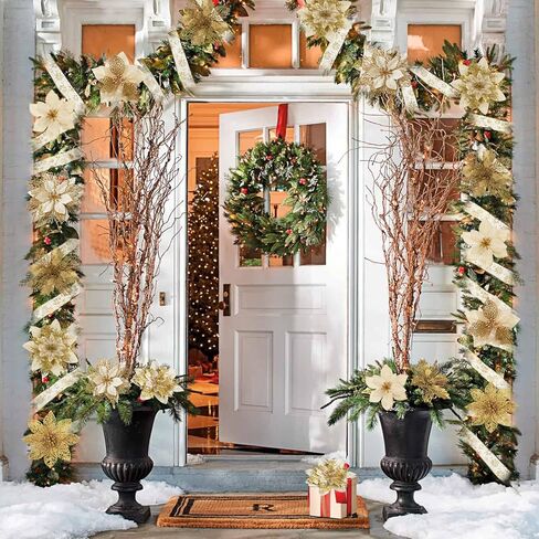 مجموعة زينة عيد الميلاد الذهبية 26 قطعة من Ouddy Decor، 6 أنماط من زهور البونسيتة الاصطناعية لعيد الميلاد مع 16 ياردة شريط شجرة عيد الميلاد للعطلات والحرف اليدوية في الأماكن المغلقة والخارجية ديكور المنزل in Kuwait