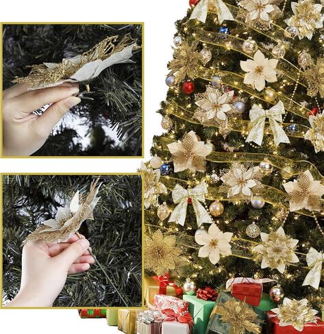 مجموعة زينة عيد الميلاد الذهبية 26 قطعة من Ouddy Decor، 6 أنماط من زهور البونسيتة الاصطناعية لعيد الميلاد مع 16 ياردة شريط شجرة عيد الميلاد للعطلات والحرف اليدوية في الأماكن المغلقة والخارجية ديكور المنزل in Kuwait