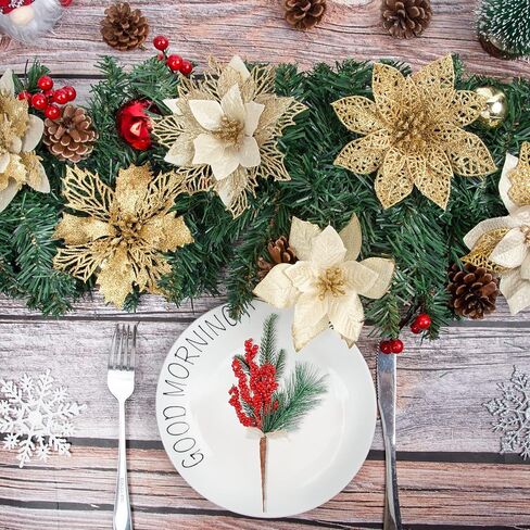 مجموعة زينة عيد الميلاد الذهبية 26 قطعة من Ouddy Decor، 6 أنماط من زهور البونسيتة الاصطناعية لعيد الميلاد مع 16 ياردة شريط شجرة عيد الميلاد للعطلات والحرف اليدوية في الأماكن المغلقة والخارجية ديكور المنزل in Kuwait