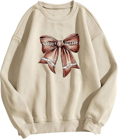 WDIRARA Women's Bow Print Long Sleeve Crewneck Sweatshirts Cute Graphic Oversized Pullovers in Saudi Arabia