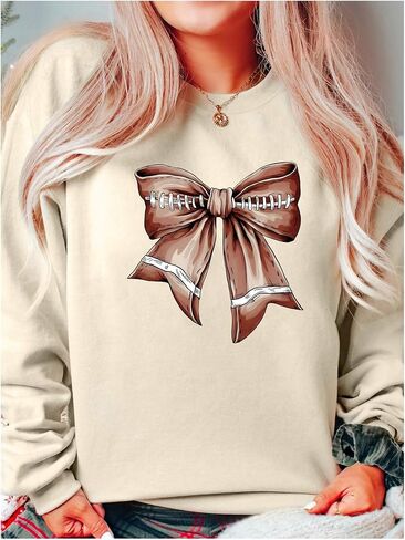 WDIRARA Women's Bow Print Long Sleeve Crewneck Sweatshirts Cute Graphic Oversized Pullovers in Saudi Arabia