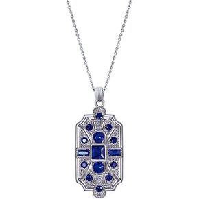 Secret for Longevity Geometric Art Deco Vintage Antique Flapper Gatsby Retro Style Royal Blue Sapphire Rhinestone 19" inch Silver Tone Chain Pendant Necklace