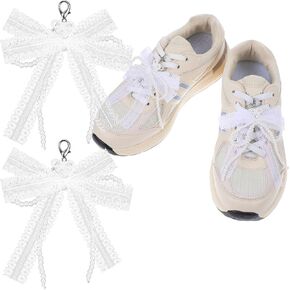 2Pcs Pearls Lace Bowknot Shoe Charms, Removable Pearl Bow Shoe Charm DIY Shoe Laces Accessories for Women Sneakers