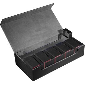 Extra Large Card Storage Box Holds 3600+ Cards Compatible with 12 Small Deck Boxes, Includes Cthulhu Dice Bag, 10 Colorful Dividers, 4 Protective Foam Pads, Perfect for MTG （Black/Red）