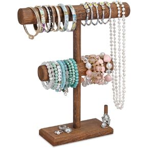 Ikee Design 2 Tier Wooden Jewelry Bracelet Watch Display Holder, T-Bar Bangle Scrunchie Necklace with Ring Holder Jewelry Storage Stand for Vendor, Selling, 11.9 W x 3.5 D x 13.6 H in, Brown Color