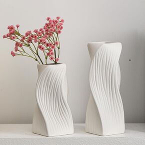 Black Vases for Flowers Set of 2, Twisted Spiral Modern Boho Ceramic Flower Vase, Vintage Farmhouse Centerpiece Decorative Vases for Living Dining Room Bookshelf Entryway Coffee Table Decor