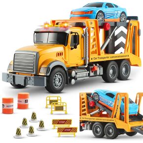 Excavator Flatbed Truck Toys for Boys - Friction-Powered Construction Flatbed Trucks Toys w/Flashing Lights & Sounds - Flat Bed Truck Toy for Boys, Girls, Toddlers Age 3-5, Playset for Kids Ages 3-9