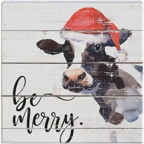 Simply Said, INC Small Talk Christmas Cow Sign - Be Merry Cow - Cow Christmas Decorations - Holstein Cow Santa Hat Sign - Cute Farmhouse Christmas Decor - 5.25 x 5.25 inches STS1311