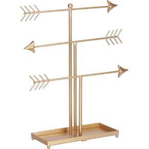 Kleanner 3 Tier Arrow Jewelry Organizer Stand, Metal Jewelry Display Tree Rack with Ring Tray, Decorative T-bar Jewelry Holder for Necklace, Bracelet and Watch, Gold