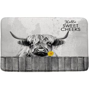 Farmhouse Highland Cow Bath Mat Rustic Flower Longhorn Animal Hello Sweet Cheeks Bathroom Rug Microfiber Memory Foam Shower Mat Kitchen Bath Floor Rugs, 18x30 Inch