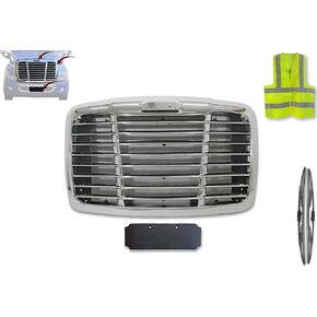 Freightliner Cascadia 2008-2016 Truck Chrome Triple Plated Front Hood Radiator Grille With Bug Screen A17-19112-000 A17-15624-003 PLUS Logo, Wipers, Plate Holder and Vest