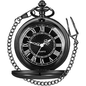 Smooth Pocket Watch Alloy Steel Quartz Roman Numerals with 37cm Chain for Father's Day Xmas Best Gifts