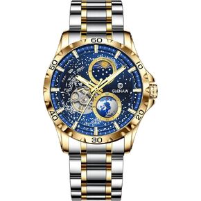 Automatic Watches for Men, Rotating Earth Multifunctional Men's Mechanical Watch Starry Sky Dial Steel Band Stopwatch Sun Moon Stars Automatic Men's Watch (8950-Gold Blue1)