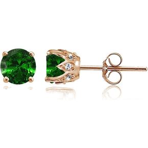 Rose Gold Flashed Sterling Silver Genuine, Created and Simulated Gemstone and Cubic Zirconia Accents Crown Stud Earrings