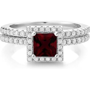 Gem Stone King 925 Sterling Silver Red Garnet and White Moissanite Wedding Engagement Ring Band Bridal Set For Women (1.48 Cttw, Princess Cut 5MM, Gemstone Birthstone, Available in Size 5, 6, 7, 8, 9)