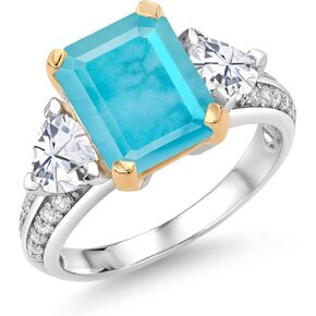 Gem Stone King 925 Sterling Silver and 10k Yellow Gold Green Turquoise and White Moissanite 3 Stone Engagement Ring For Women (3.43 Cttw, Emerald Cut Cut 10X8MM, Available In Size 5, 6, 7, 8, 9)
